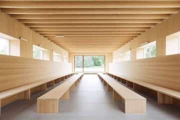 Poster - spacious wooden hall with natural lighting and seating Generative AI