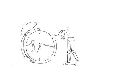 Poster - Self drawing animation of single line draw astronaut putting key into alarm clock. Deadline work, time management in spaceship planning. Cosmic galaxy space. Continuous line. Full length animated