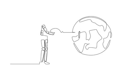 Poster - Animated self drawing of continuous line draw astronaut putting key into globe. Travel or explore earth above atmosphere. Research planet orbital. Cosmonaut deep space. Full length one line animation