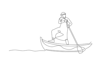 Poster - Self drawing animation of single line draw Arabian businessman sailing away on boat with pile of dollar coins. Criminal stole coin from bank. Corruption, robber. Continuous line. Full length animated