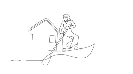 Poster - Animated self drawing of continuous line draw of Arabian businessman sailing away on boat with house. Home mortgage problem in economic crisis. Housing loan disaster. Full length single line animation