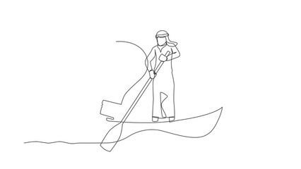 Poster - Animated self drawing of continuous line draw Arab businessman sailing away on boat with light bulb. Success business idea, vision, and innovation for better company. Full length single line animation
