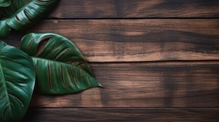 Flat lay creative frame of tropical nature leaves on rustic wood grunge background with retro , tropical jungle vacation and travel concepts. Generative AI