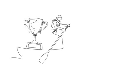 Poster - Self drawing animation of single one line draw businesswoman sailing away on boat with trophy. Sailing world championship award. Winning water sport competition. Continuous line. Full length animated