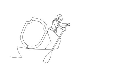Poster - Animated self drawing of continuous line draw businesswoman sailing away on boat with shield. Business protection and precaution financial crime. Security and insurance. Full length one line animation