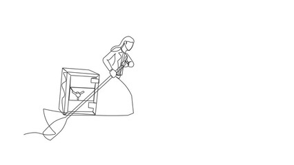Poster - Animated self drawing of continuous line draw businesswoman sailing away on boat with safe deposit box. Unexpected financial opportunities, bank deposit protection. Full length single line animation