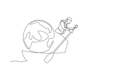 Poster - Animated self drawing of continuous line draw businesswoman standing in boat and sailing with globe ball. Taking trip around the world by ship. Tourism or traveling. Full length one line animation