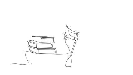 Poster - self drawing animation of single one line draw businesswoman sailing away on boat with pile of books