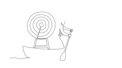 Poster - Animated self drawing of continuous one line draw businesswoman sailing away on boat with dartboard target. Strategic planning company to win competition. Mission. Full length single line animation