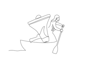 Poster - Self drawing animation of single line draw businesswoman sailing away on boat with megaphone. Command, control through megaphone, leadership and teamwork. Continuous line draw. Full length animated