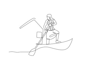 Poster - Animated self drawing of continuous line draw businesswoman sailing away on boat with house. Home mortgage problem in economic crisis. Housing loan disaster concept. Full length single line animation
