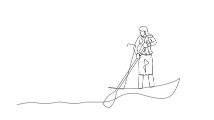Poster - Self drawing animation of single line draw businesswoman sailing away on boat with clipboard. Delivery worker with checklist and ship. Shipping documents. Continuous line draw. Full length animated