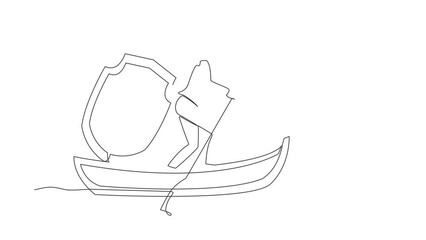 Poster - animated self drawing of continuous line draw businessman sailing away on boat with protect shield. 