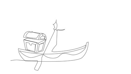Poster - Animated self drawing of one continuous line draw businessman sailing away on boat with treasure chest. Money laundering, political corruption. Criminal stole coins. Full length single line animation
