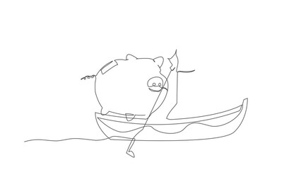 Poster - Animated self drawing of continuous line draw of businessman standing in boat sailing with piggy bank. Economy purposes saving money is very important. Smart investor. Full length one line animation