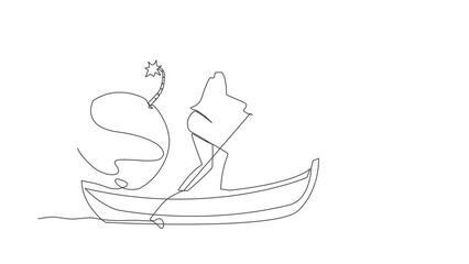 Poster - Animated self drawing of single continuous line draw businessman standing in boat sailing with bomb. Manager carry risks for company. Economic collapse due to crisis. Full length one line animation