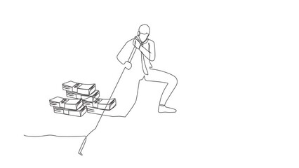 Poster - Self drawing animation of single line draw businessman standing in boat sailing with pile of banknote. Financial crime, tax evasion, money laundering, corruption. Continuous line. Full length animated