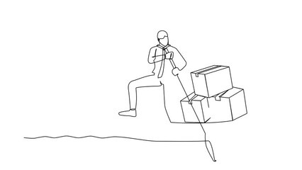 Poster - Self drawing animation of single line draw businessman standing in boat, sailing with pile of cardboard. Shipping through the ocean. Delivery and packaging. Continuous line draw. Full length animated