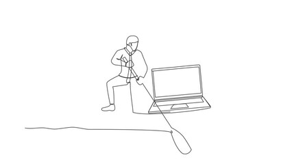 Poster - Animated self drawing of continuous line draw businessman standing in boat, sailing with laptop computer. Happy worker as a freelancer or creative manager. Remote work. Full length one line animation