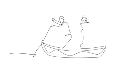 Poster - Animated self drawing of continuous line draw businessman standing in boat sailing with chess king piece. Tactic strategy in trade war. Success winning competition. Full length single line animation