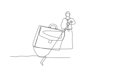 Poster - Self drawing animation of single line draw businessman standing in boat sailing with briefcase. Success male manager on summer vacation. Escape from routine. Continuous line draw. Full length animated