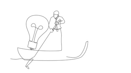 Poster - Animated self drawing of continuous line draw businessman standing in boat and sailing with light bulb. Manager searching idea or vision. Success business innovation. Full length single line animation
