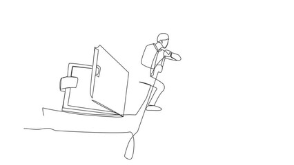 Poster - Animated self drawing of continuous line draw businessman sailing away on boat with wallet. Office worker with problem due to economic crisis. Lack of paper money. Full length single line animation