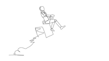 Aufkleber - Animated self drawing of continuous one line draw robot riding gift box rocket flying in the sky. Fast shipping. Future technology development. Artificial intelligence. Full length one line animation