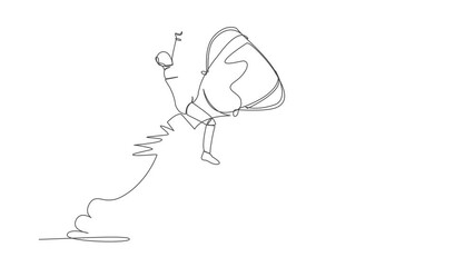 Poster - Animated self drawing of continuous line draw robot riding trophy rocket flying in sky. Improve tech ability to win competition. Humanoid robot cybernetic organism. Full length single line animation