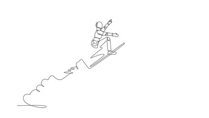 Poster - animated self drawing of continuous line draw robot riding pencil rocket flying in sky. tech educati