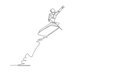 Poster - Self drawing animation of single one line draw robot riding book rocket flying in sky. Increase tech ability learning. Artificial intelligence technology. Continuous line draw . Full length animated