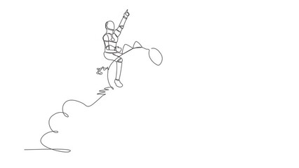 Poster - Animated self drawing of continuous line draw robot riding piggy bank rocket flying in sky. Financial planning with tech. Future technology. Artificial intelligence. Full length one line animation