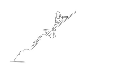 Poster - animated self drawing of continuous line draw robot riding broom rocket flying in sky. tech company 