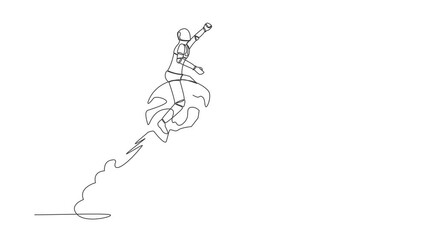 Poster - Animated self drawing of continuous line draw of robot riding sphere globe rocket flying in sky. Global business expansion. Future technology. Artificial intelligence. Full length one line animation