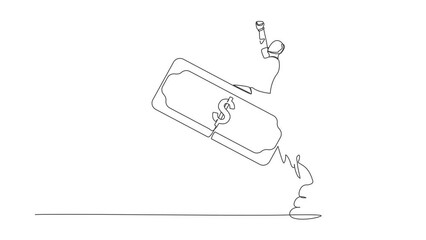 Poster - animated self drawing of continuous one line draw robot riding banknote money rocket flying in sky. 