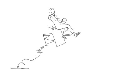 Poster - Animated self drawing of continuous line draw Arab businesswoman riding gift box rocket flying in sky. Package cardboard box with attached rockets. Big box with booster. Full length one line animation