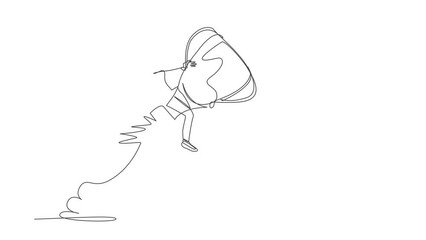 Poster - animated self drawing of continuous line draw arabian businesswoman riding trophy rocket flying in s