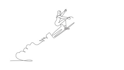 Poster - Self drawing animation of single one line draw Arab businesswoman riding pencil rocket flying in sky. Creativity idea lead way, knowledge help career development. Continuous line. Full length animated