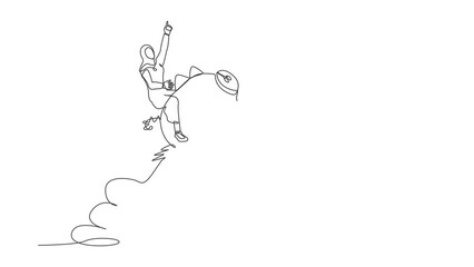 Poster - animated self drawing of continuous line draw arab businesswoman riding piggy bank rocket flying in 