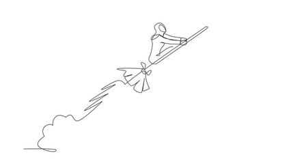 Poster - Self drawing animation of single one line draw Arab businesswoman riding broomstick rocket flying in sky. Successful business. Magical products in market. Continuous line draw. Full length animated