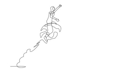 Poster - animated self drawing of continuous one line draw arabian businesswoman riding sphere globe rocket f