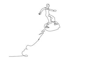 Poster - Self drawing animation of single line draw Arabian businesswoman riding shield rocket flying in sky. Business security acceleration to save financial growth. Continuous line draw. Full length animated
