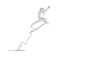 Poster - Animated self drawing of continuous line draw Arabian businessman riding book rocket flying in sky. Increase interest in reading smart students. Bookstore, education. Full length one line animation
