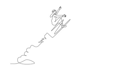 Poster - Self drawing animation of single line draw Arabian businessman riding pencil rocket flying in sky. Concept of education, creativity, imagination or creative. Continuous line draw. Full length animated