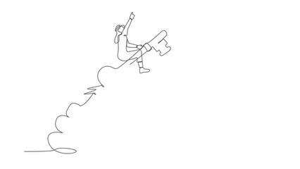 Poster - Animated self drawing of continuous one line draw Arab businessman riding key rocket flying in sky. Discover key success, unlock creativity to achieve business goals. Full length single line animation