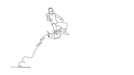 Poster - Animated self drawing of continuous line draw Arab businessman riding treasure chest rocket flying in sky. Treasure hunting. Searching hidden chest with gold, jewels. Full length one line animation