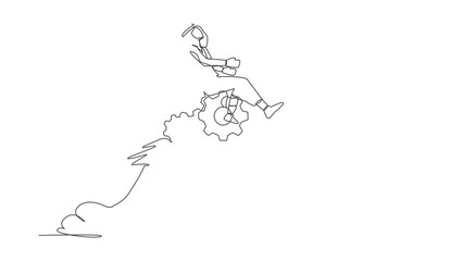 Poster - Self drawing animation of single one line draw Arabian businessman riding gear rocket flying in sky. Mechanisms look for problem solution. Brainstorm for answer. Continuous line. Full length animated