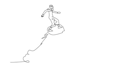 Poster - Animated self drawing of continuous line draw attractive Arab businessman riding shield rocket flying in the sky. Business attack protection security and insurance. Full length one line animation