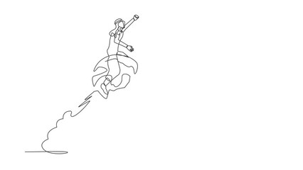 Poster - Animated self drawing of continuous one line draw Arab businessman riding sphere globe rocket flying in sky. Business expansion, open company branch in new location. Full length single line animation