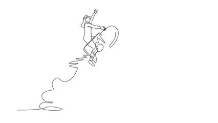 Poster - Self drawing animation of single line draw Arabian businessman riding padlock rocket flying in sky. Improve startup business security. Keep high value of finance. Continuous line. Full length animated